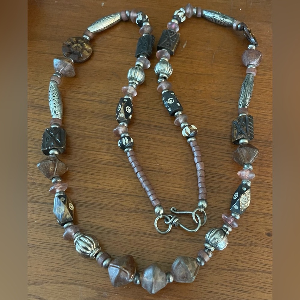 Vintage Artisan Silver Tone and Carved Wooden Beaded Necklace Tribal Bohemian